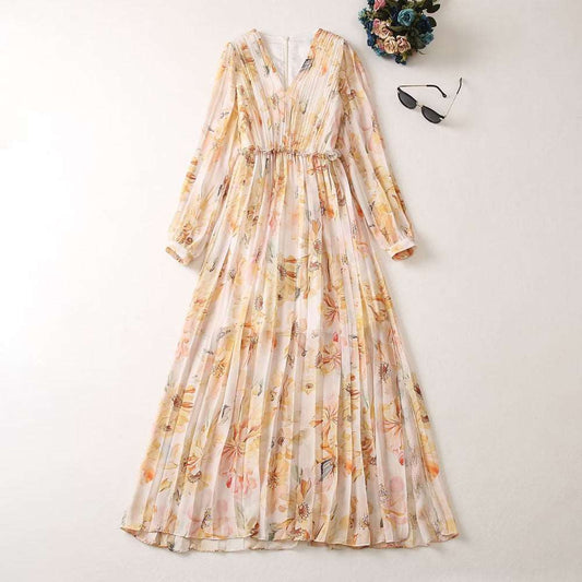 Women's Elegant Long Sleeved Pleated V-neck Dress - ChoreGirl