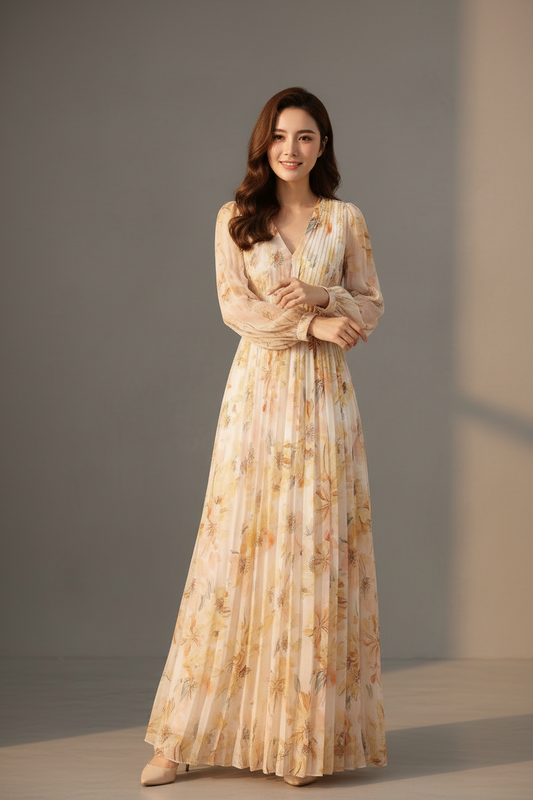 Elegantes, plissiertes Kleid mit V-Ausschnitt - Midi-Länge mit langen Ärmeln