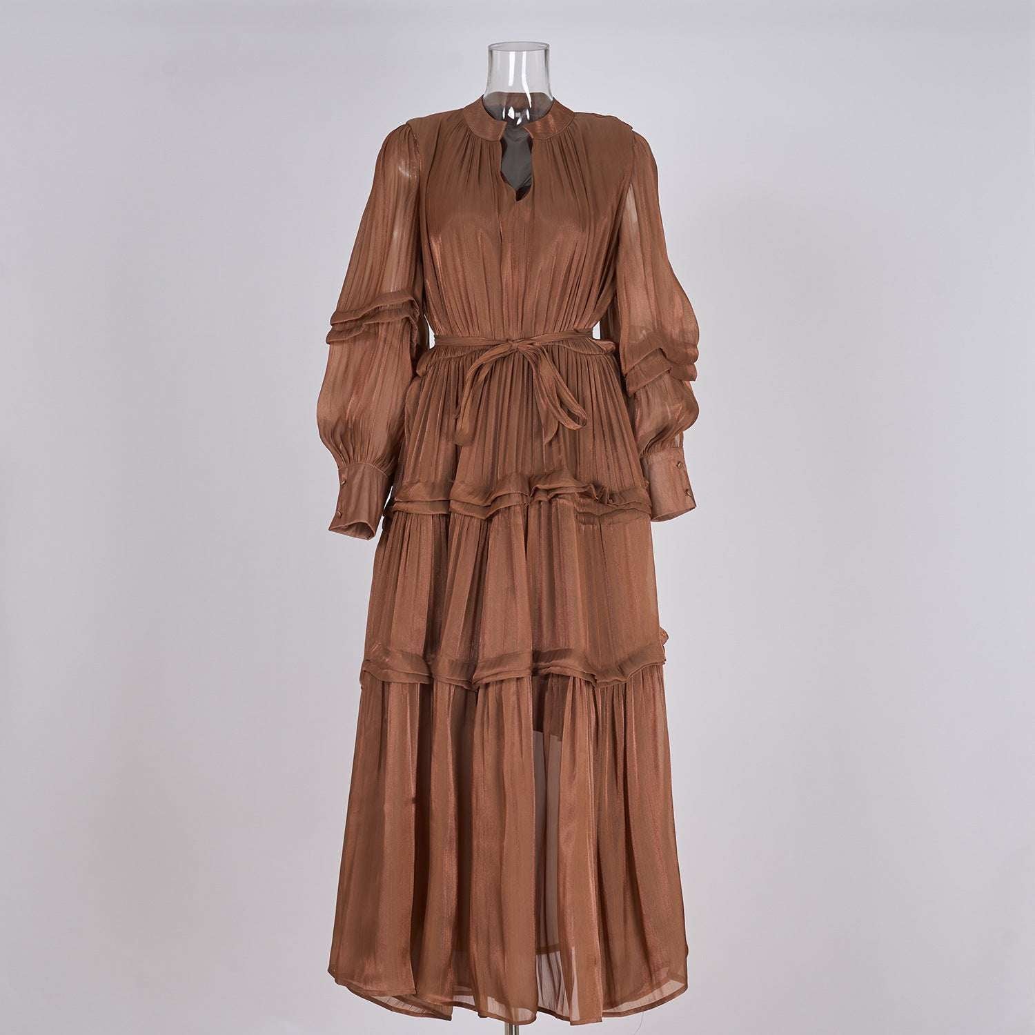 Women's V-neck Lantern Sleeve Fitted Waist Pleated Long Silk Dress with Belt