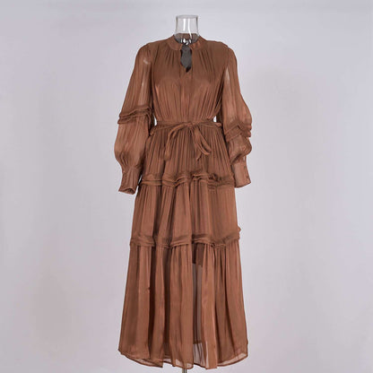 Women's V-neck Lantern Sleeve Fitted Waist Pleated Long Silk Dress with Belt