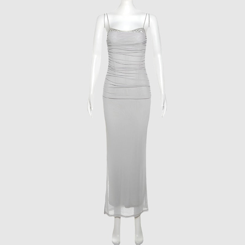 Women's Lace Edge Neckline Tight Mesh See-through Long Dress - ChoreGirl