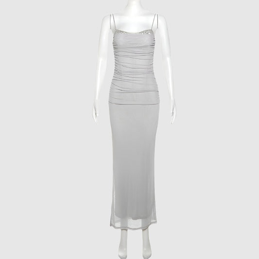 Women's Lace Edge Neckline Tight Mesh See-through Long Dress - ChoreGirl
