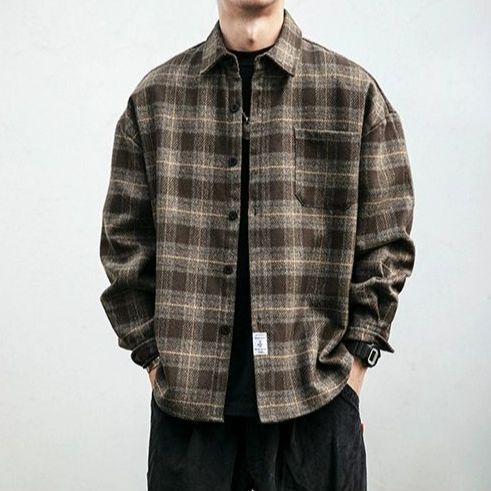 Men's Retro Pattern Long Sleeve Plaid Button-up Shirt - ChoreGirl