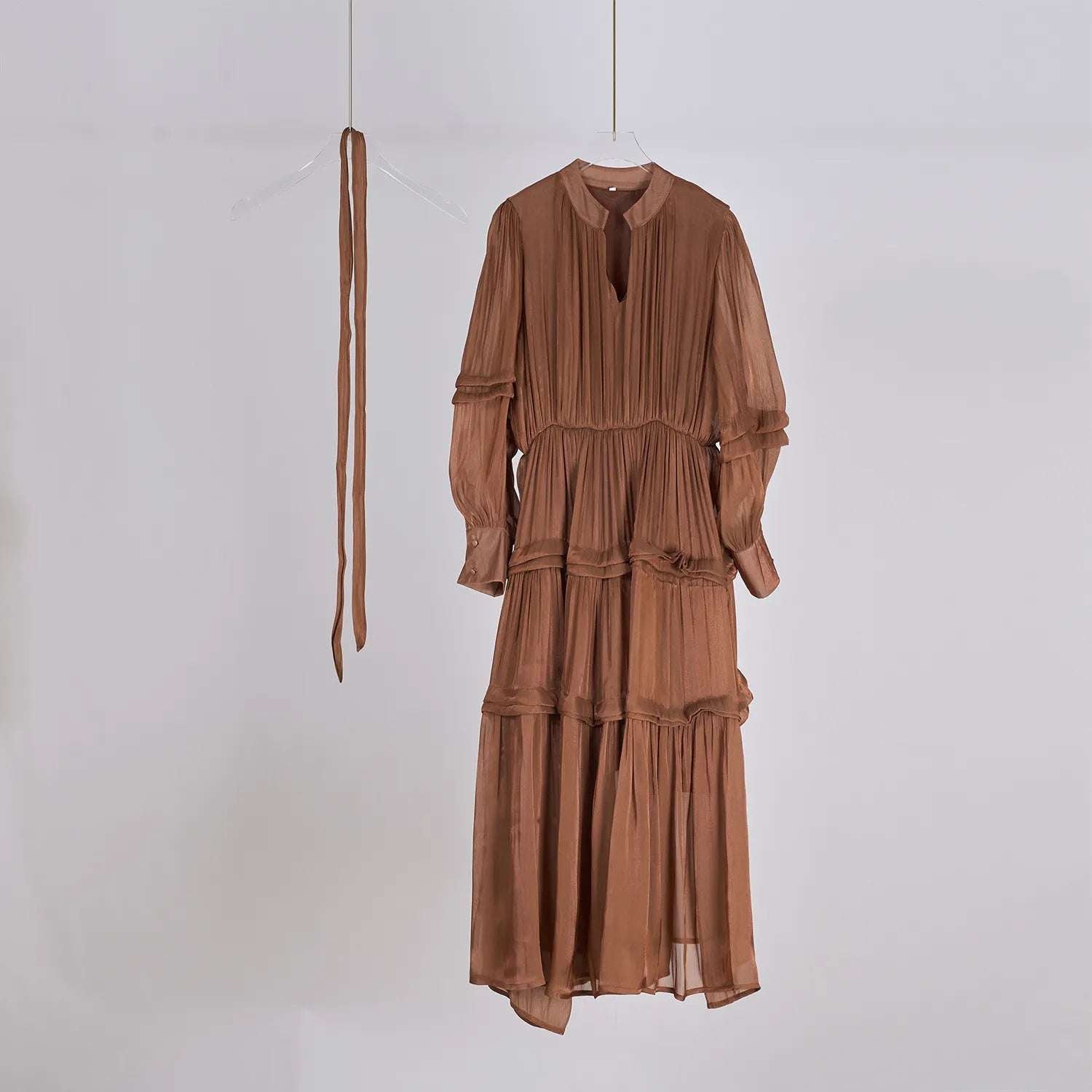 Women's V-neck Lantern Sleeve Fitted Waist Pleated Long Silk Dress with Belt