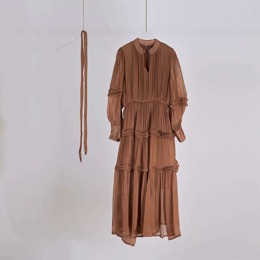 Women's V-neck Lantern Sleeve Fitted Waist Pleated Long Silk Dress with Belt