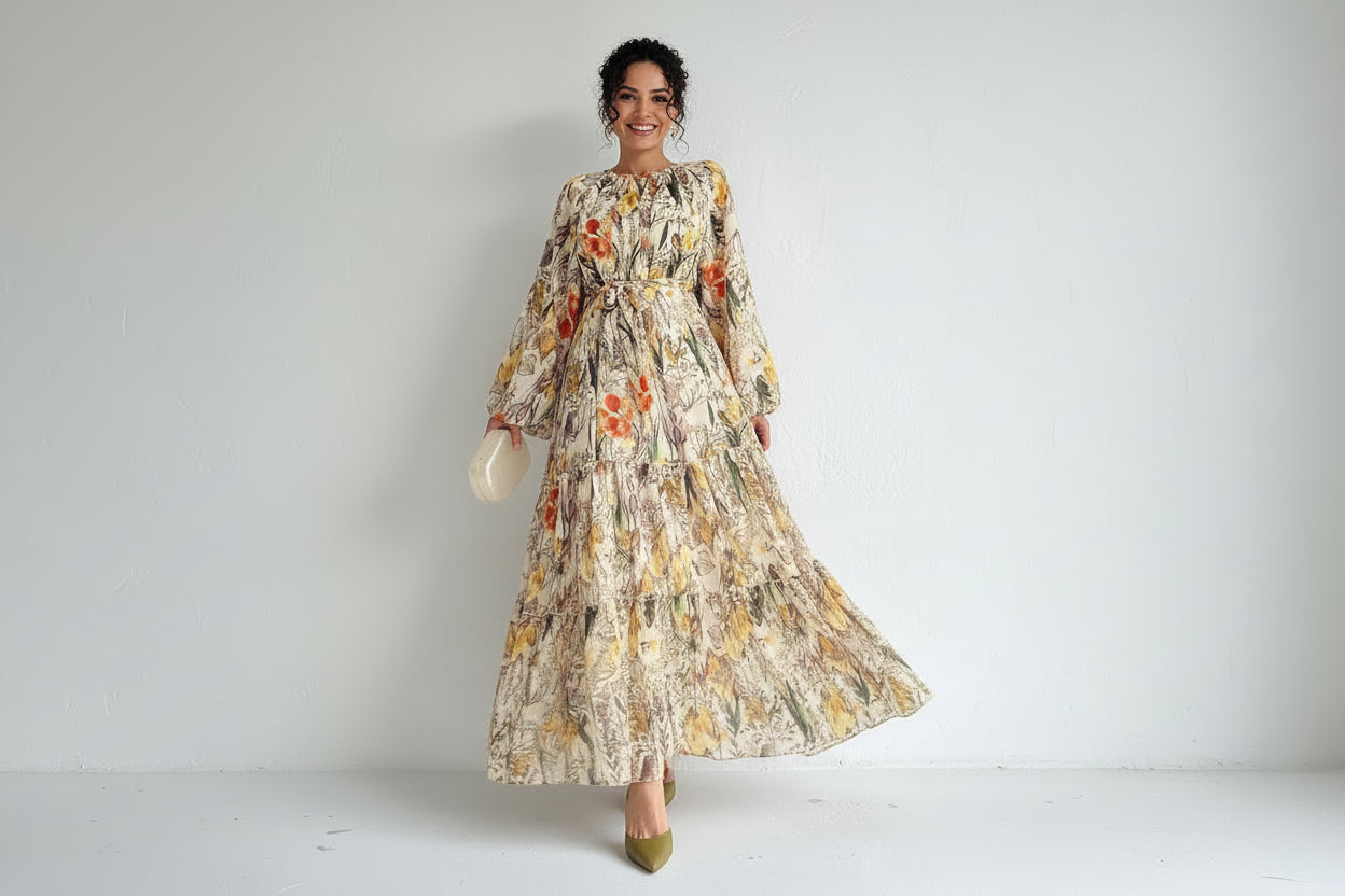 Elegant Floral Print Long Sleeve Maxi Dress - Women