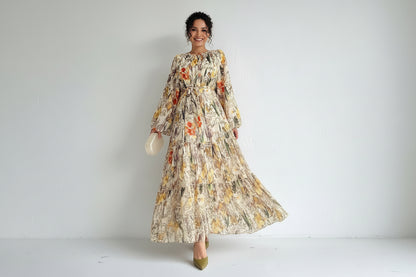 Elegant Floral Print Long Sleeve Maxi Dress - Women