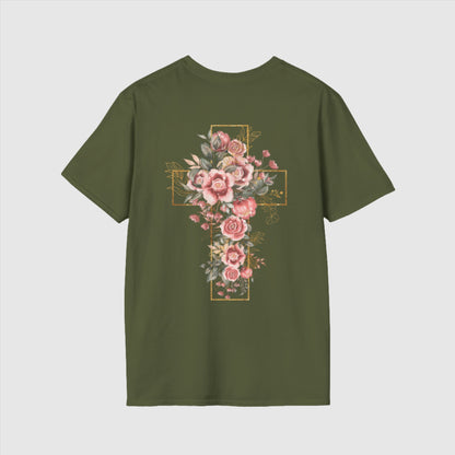 Custom Unisex Blooming Flower Cross Softstyle T-Shirt | PERSONALIZED - ChoreGirl