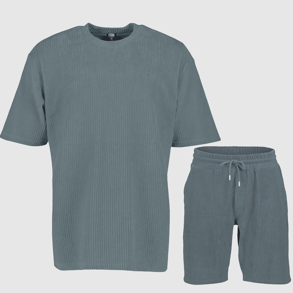 Men's Loose Solid Color Sports and Leisure Striped Short Sleeved T-Shirt and Shorts Outfit Set - ChoreGirl