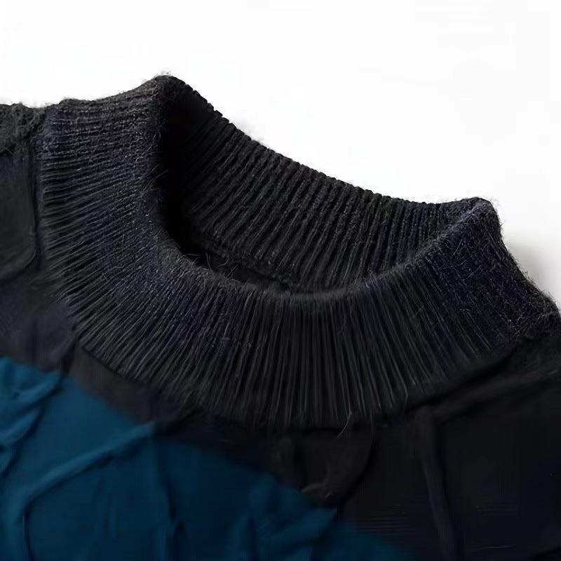 Men's Thickened Smart Business Casual Loose Versatile Patchwork Knitted Long Sleeve Round Neck Sweater