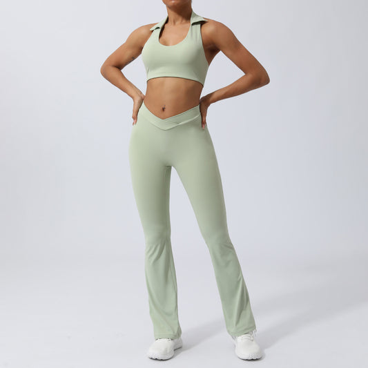 Women's Lapel Collar Sleeveless Top and Hip Lifting Pants or Shorts Sports Set - ChoreGirl