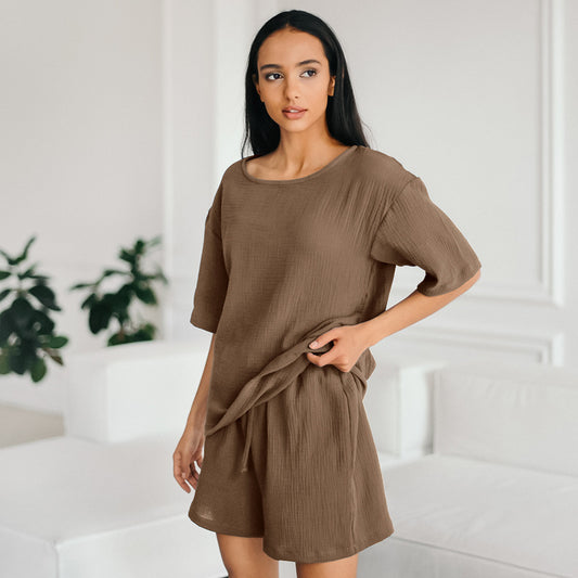 Women's Loose Double-layer Gauze Short-sleeved Shirt and Shorts Two-piece Pajamas Set - ChoreGirl