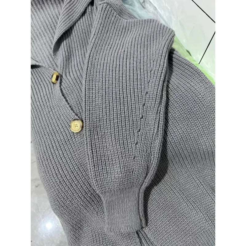 Women's Mid-length Lapel Collar Knitted Button-up Cardigan Jacket - ChoreGirl