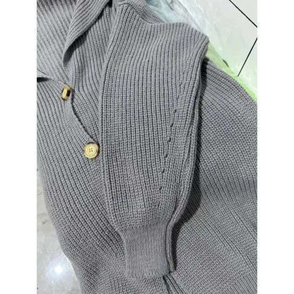 Women's Mid-length Lapel Collar Knitted Button-up Cardigan Jacket - ChoreGirl