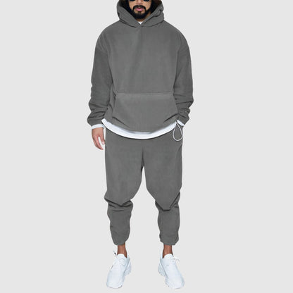Men's Casual Solid Color Thermal Polar Fleece Hooded Drawstring Sweatshirt Outfit Set - ChoreGirl