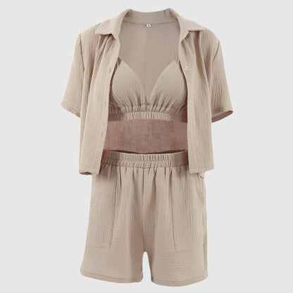 Women's Double-layer Gauze Short Sleeved Shirt, Bra Top and Shorts Loungewear Set - ChoreGirl
