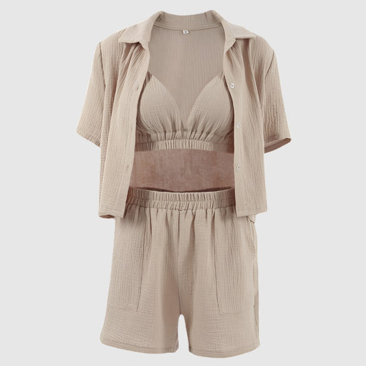 Women's Double-layer Gauze Short Sleeved Shirt, Bra Top and Shorts Loungewear Set - ChoreGirl