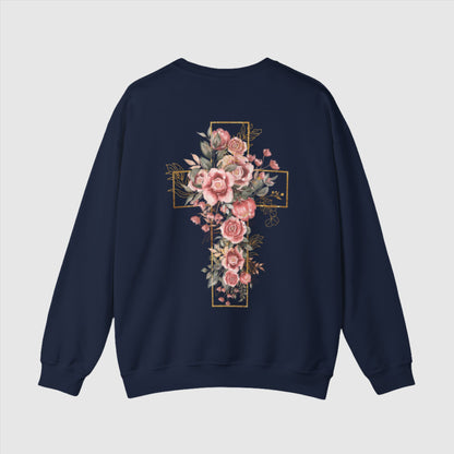 Custom Unisex Blooming Flower Cross Heavy Blend Crewneck Sweatshirt | PERSONALIZED - ChoreGirl