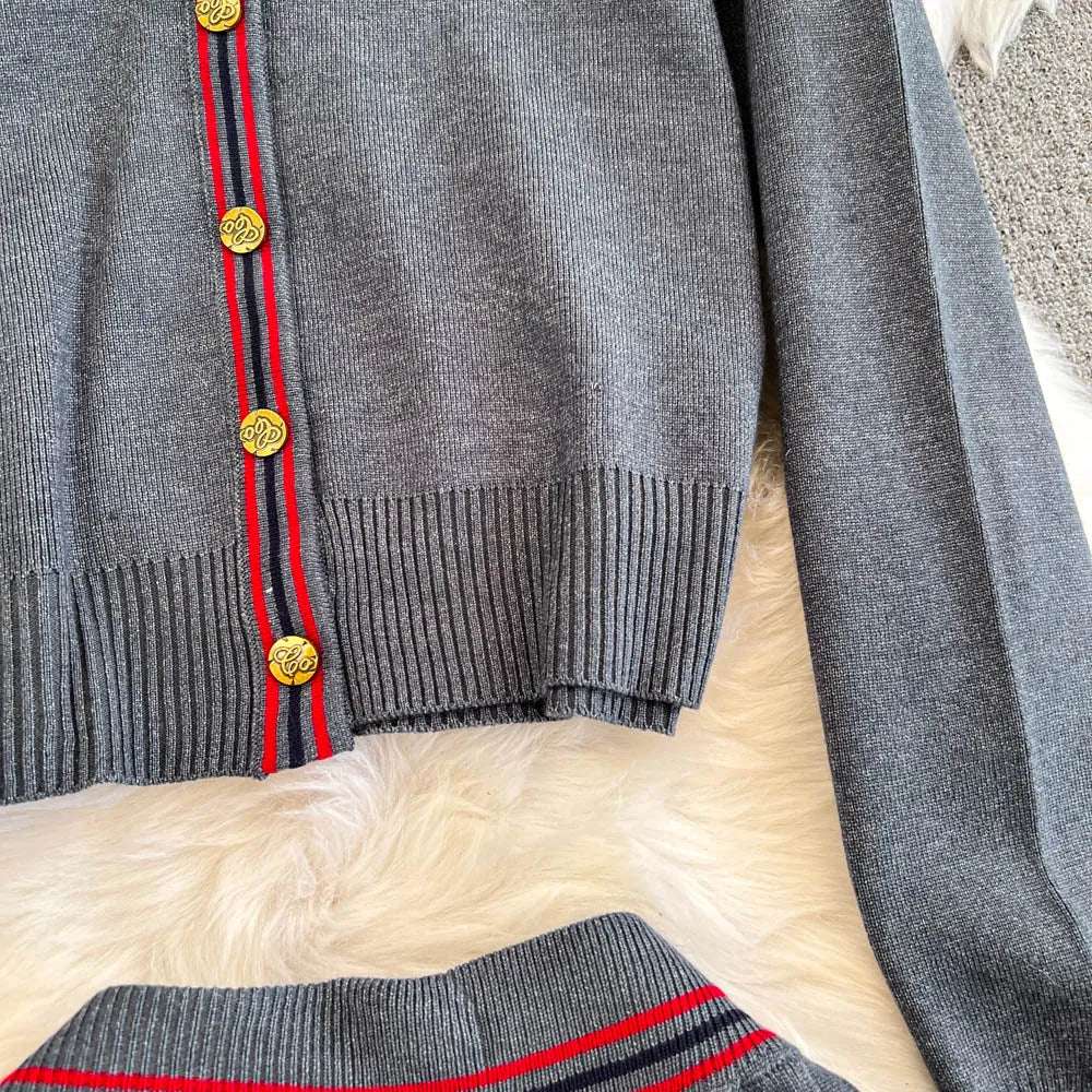 Women's Casual Back to School V-neck Knitted Cardigan and Pleated Skirt Two-piece Outfit Set