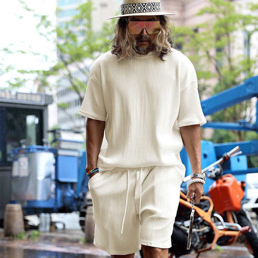 Men's Loose Solid Color Sports and Leisure Striped Short Sleeved T-Shirt and Shorts Outfit Set - ChoreGirl