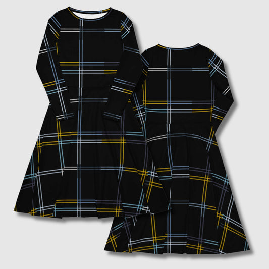 Custom Women's Black Long Sleeve Checkered Midi Dress with pockets | PERSONALIZED - ChoreGirl