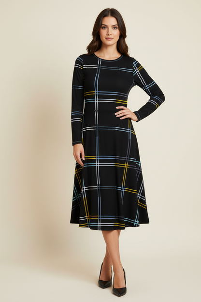 Elegant Black Checkered Long Sleeve Midi Dress with Pockets - Women
