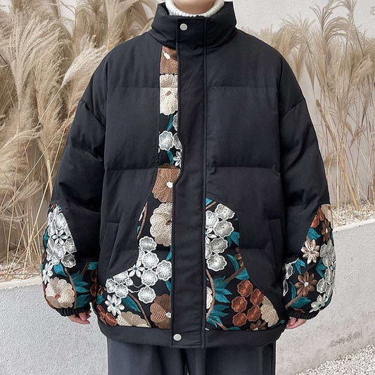 Men's Thickened Warm Embroidered Stand Collar Jacket - ChoreGirl