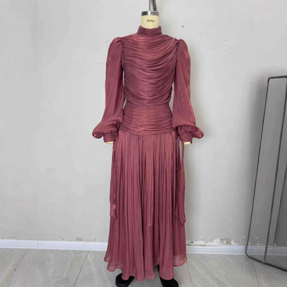 Women's French Style Modest Long Pleated Chiffon Dress with Tied Back