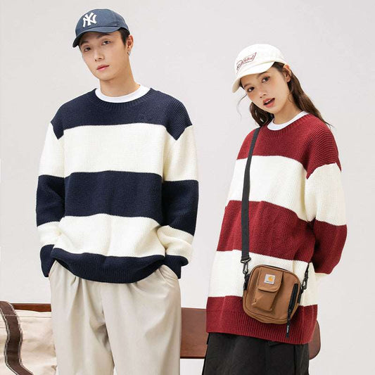Couples Matching Loose Round Neck Striped Knitted Sweater - ChoreGirl