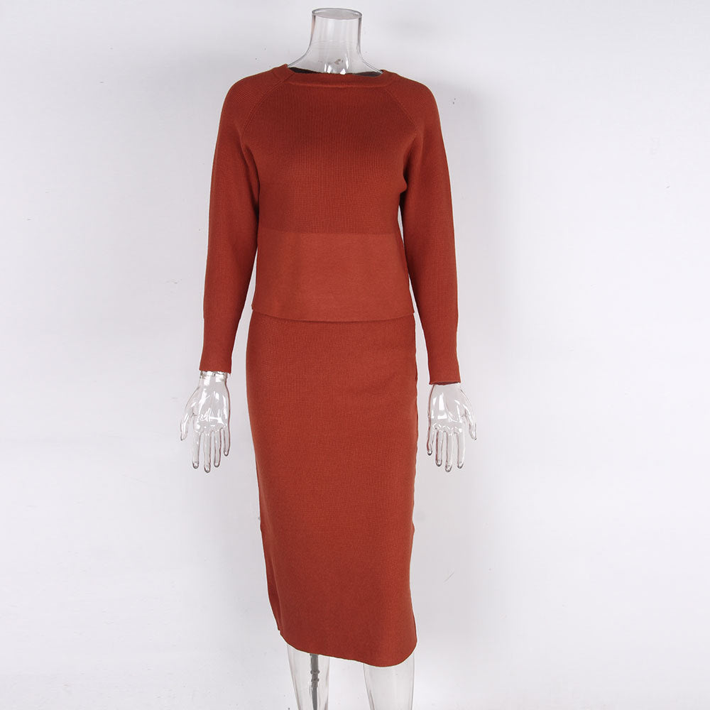 Women's Knitted Long Sleeved Jumper and Long Slit Skirt Outfit Set - ChoreGirl