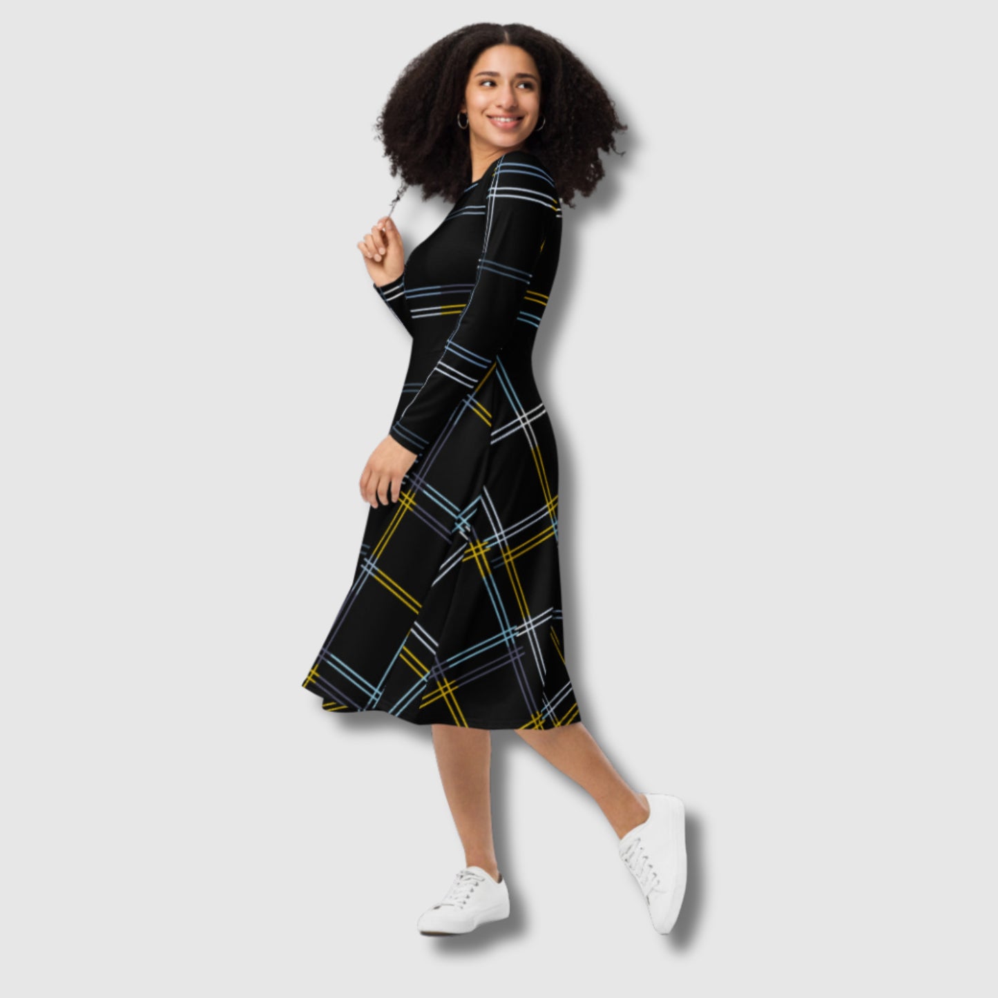 Custom Women's Black Long Sleeve Checkered Midi Dress with pockets | PERSONALIZED - ChoreGirl