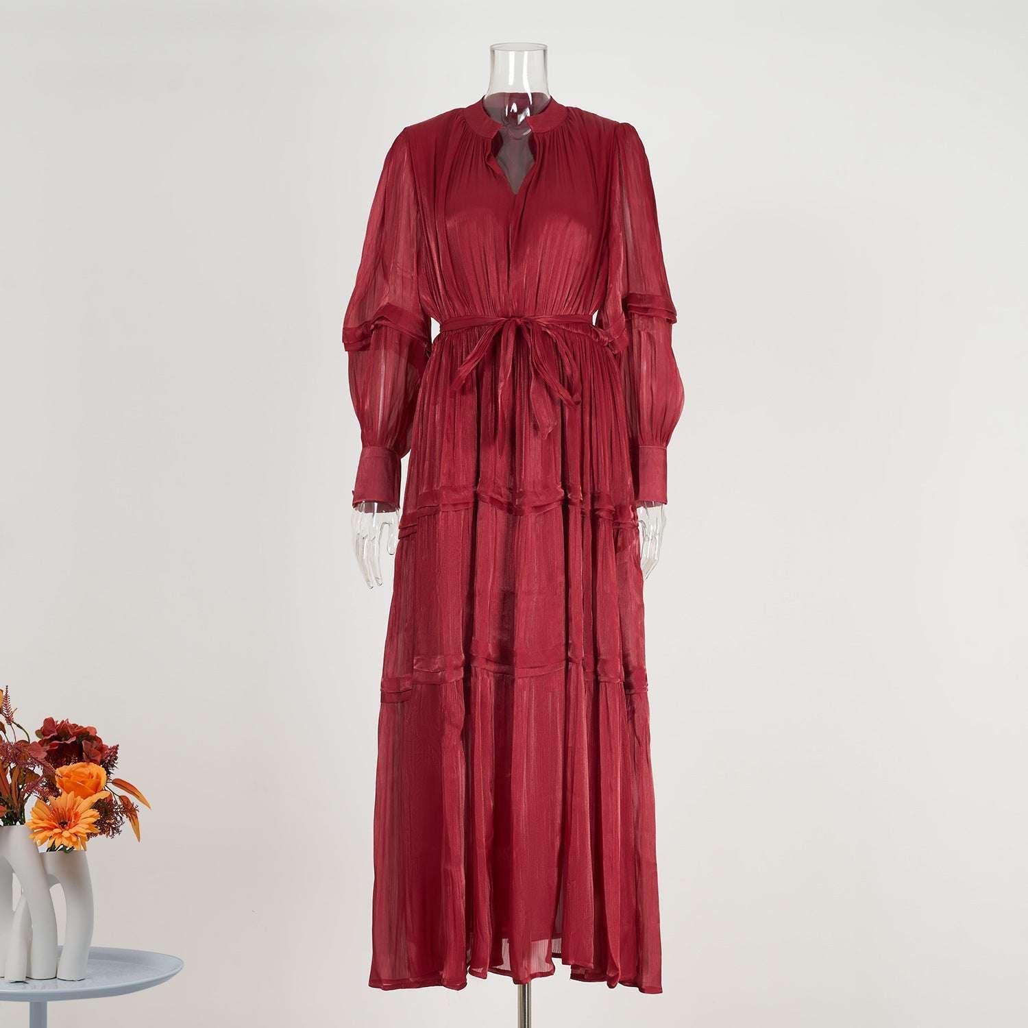Women's V-neck Lantern Sleeve Fitted Waist Pleated Long Silk Dress with Belt