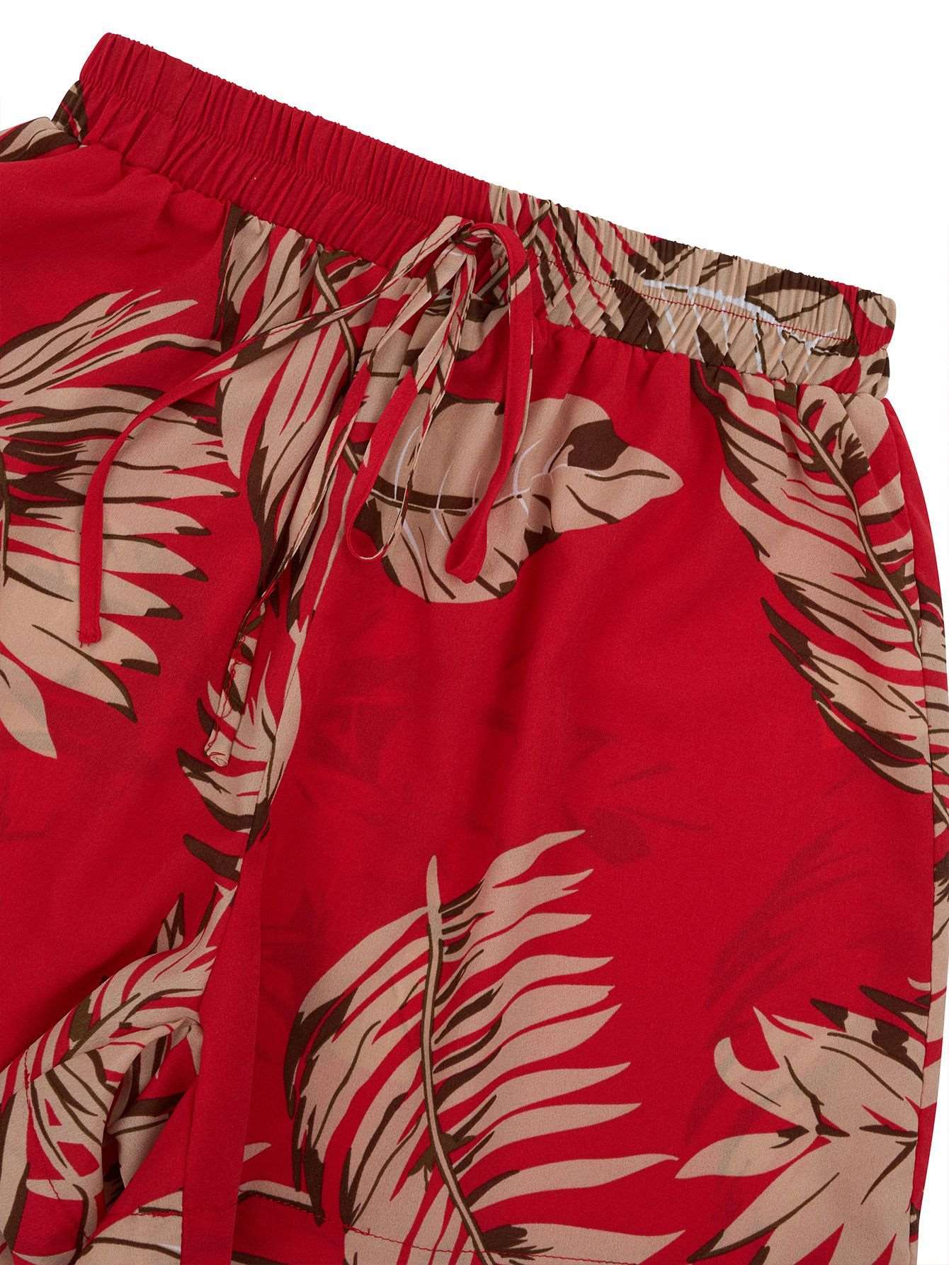 Women's Casual Leaves Print Short Sleeved Shirt And Shorts Outfit Set - ChoreGirl