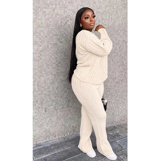Women's Casual Knitted Long Sleeve Two-piece Outfit Set - ChoreGirl
