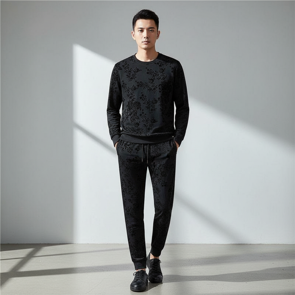 Elegantes Jacquard-Sweatshirt- und Hosen-Set mit Rundhalsausschnitt – Herren