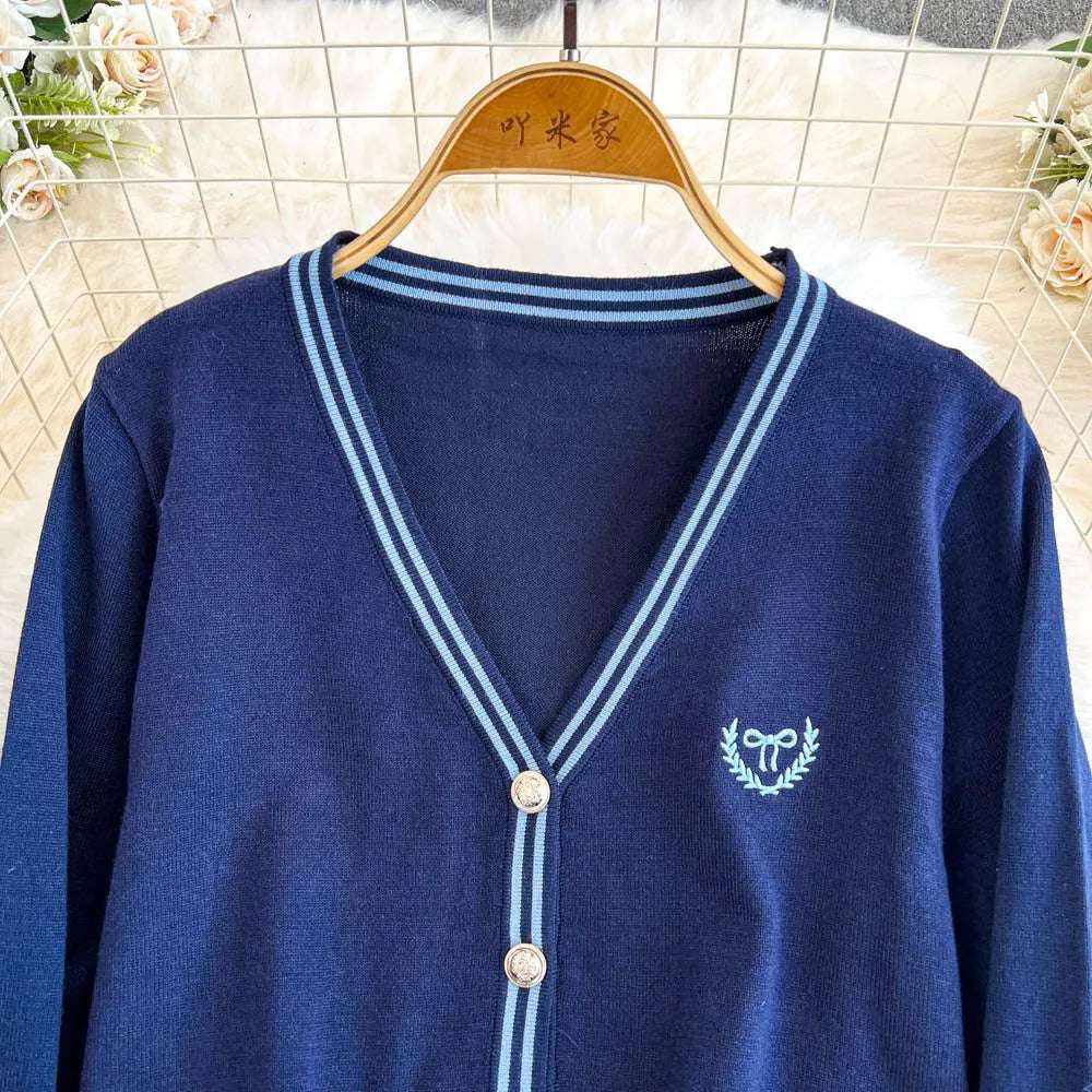 Women's Back to School Contrast Color V-neck Knitted Cardigan and Pleated Skirt Outfit Set
