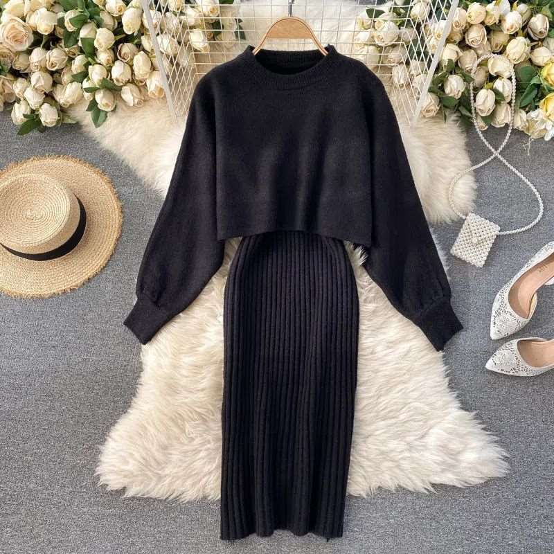 Women's Long Sleeved Jumper and Sleeveless V-neck Dress Two-piece Outfit Set - ChoreGirl