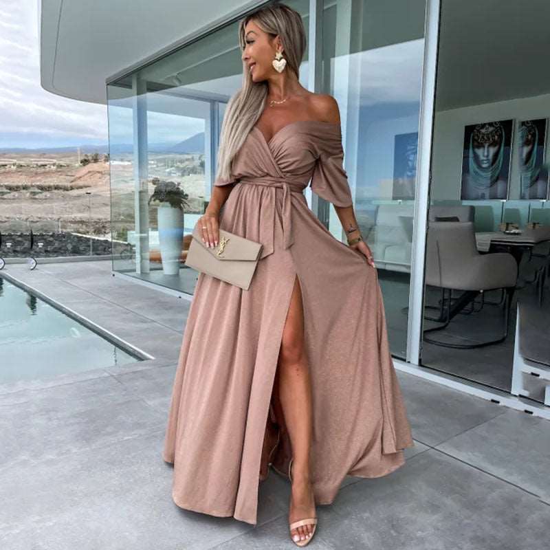 Women's Deep V-neck and Slit Elegant Dress - ChoreGirl