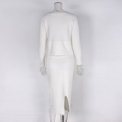 Women's Knitted Long Sleeved Jumper and Long Slit Skirt Outfit Set - ChoreGirl