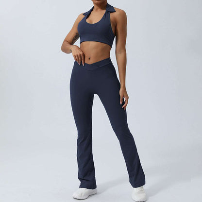 Women's Lapel Collar Sleeveless Top and Hip Lifting Pants or Shorts Sports Set - ChoreGirl