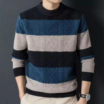 Men's Thickened Smart Business Casual Loose Versatile Patchwork Knitted Long Sleeve Round Neck Sweater