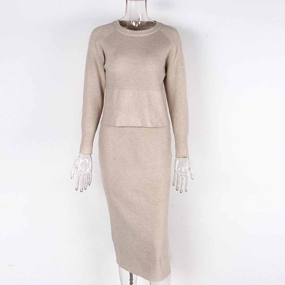 Women's Knitted Long Sleeved Jumper and Long Slit Skirt Outfit Set - ChoreGirl