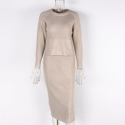 Women's Knitted Long Sleeved Jumper and Long Slit Skirt Outfit Set - ChoreGirl