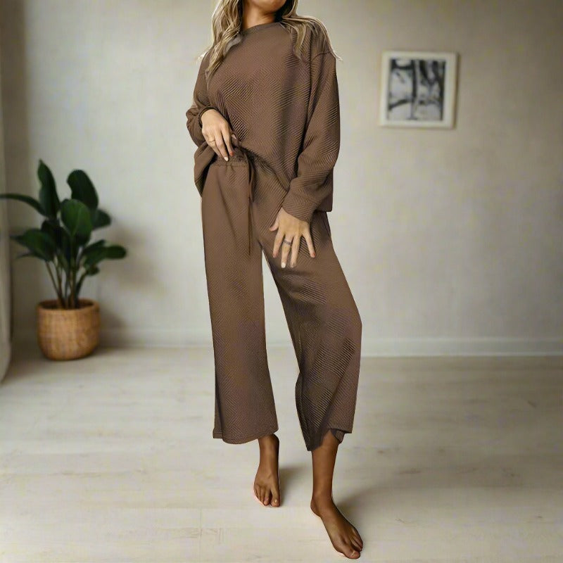 Women's Casual Textured Solid Color Loose Thick Long Sleeved Sweatshirt and Pants Two-piece Outfit Set - ChoreGirl