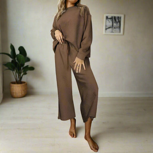 Women's Casual Textured Solid Color Loose Thick Long Sleeved Sweatshirt and Pants Two-piece Outfit Set - ChoreGirl