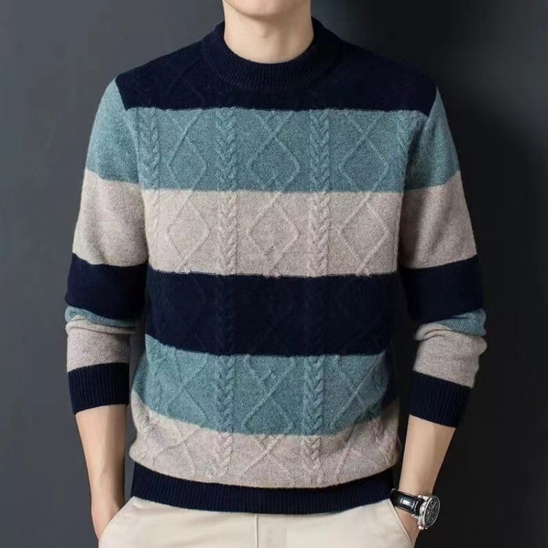 Men's Thickened Smart Business Casual Loose Versatile Patchwork Knitted Long Sleeve Round Neck Sweater