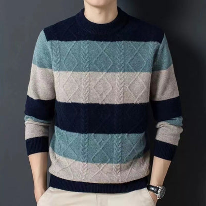 Men's Thickened Smart Business Casual Loose Versatile Patchwork Knitted Long Sleeve Round Neck Sweater