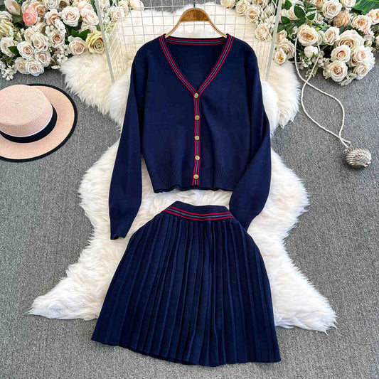 Women's Casual Back to School V-neck Knitted Cardigan and Pleated Skirt Two-piece Outfit Set - ChoreGirl