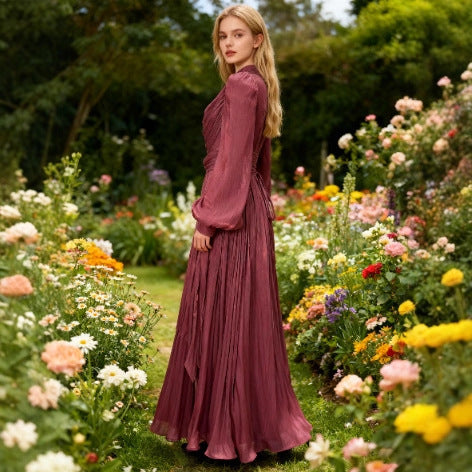 Women's French Style Modest Long Pleated Chiffon Dress with Tied Back