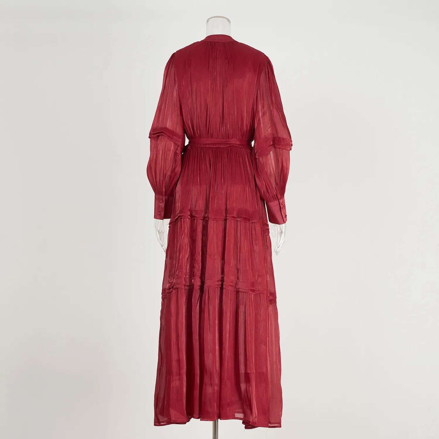 Women's V-neck Lantern Sleeve Fitted Waist Pleated Long Silk Dress with Belt